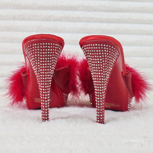 Your Majesty Red Marabou Feather Rhinestone Platform Slip On Slides - Picture 7 of 10